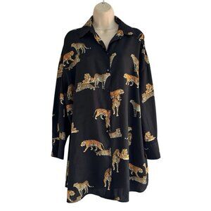 Zara Womans S Satin Effect Tiger Print Long Sleeve Button Down Dress Shirt Black